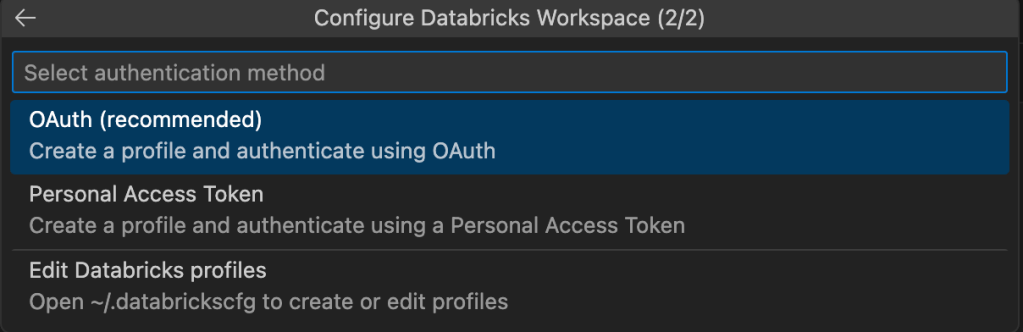 Databricks profile setup form with host URL and OAuth authentication options