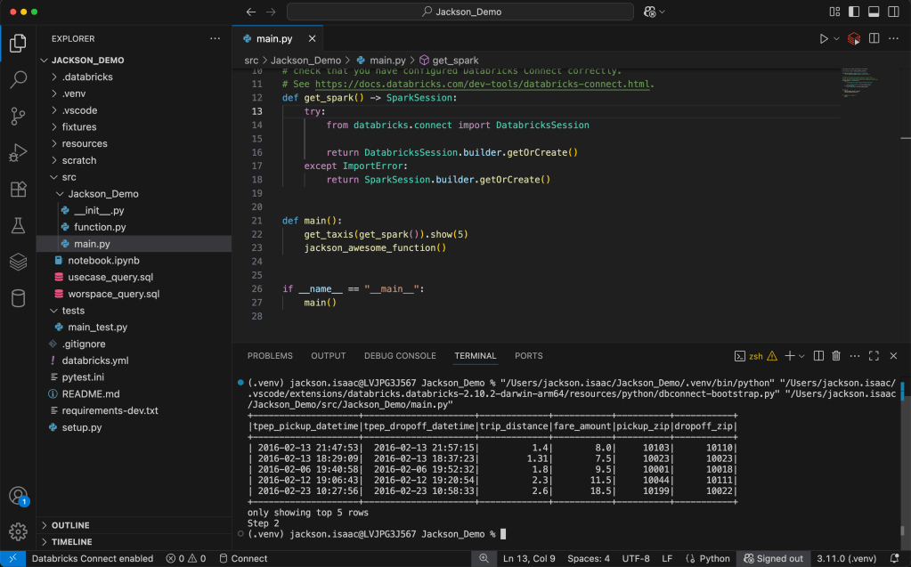 VS Code terminal or output panel showing printed DataFrame results and row counts