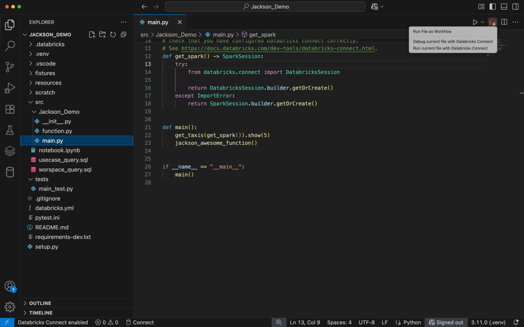 Output panel displaying Spark job logs and successful task completion