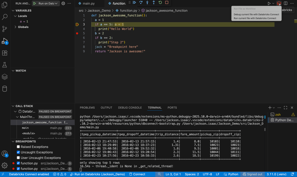 VS Code editor with breakpoints set across multiple files and an active debug session
